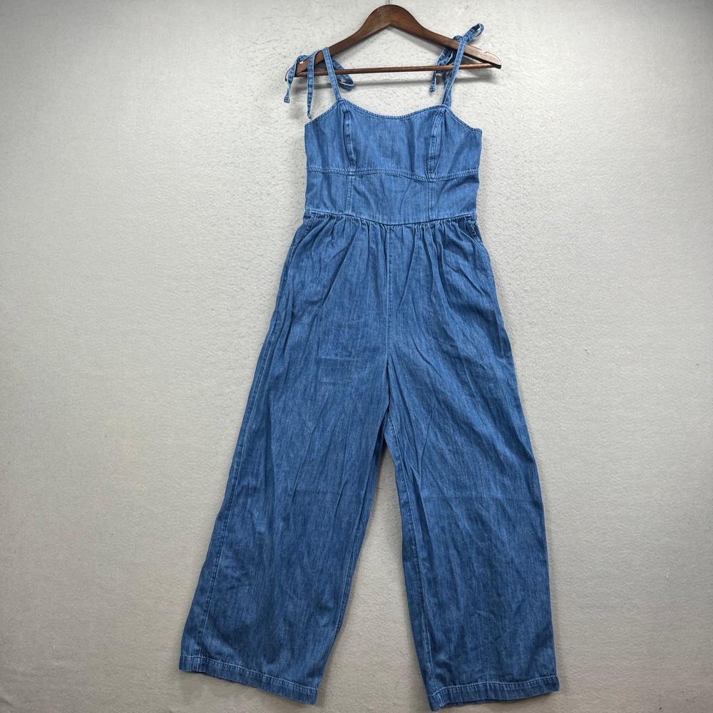 Old Navy Jumpsuit Womens Medium Blue Denim Sleeveless Tie Strap Wide Leg Jumper